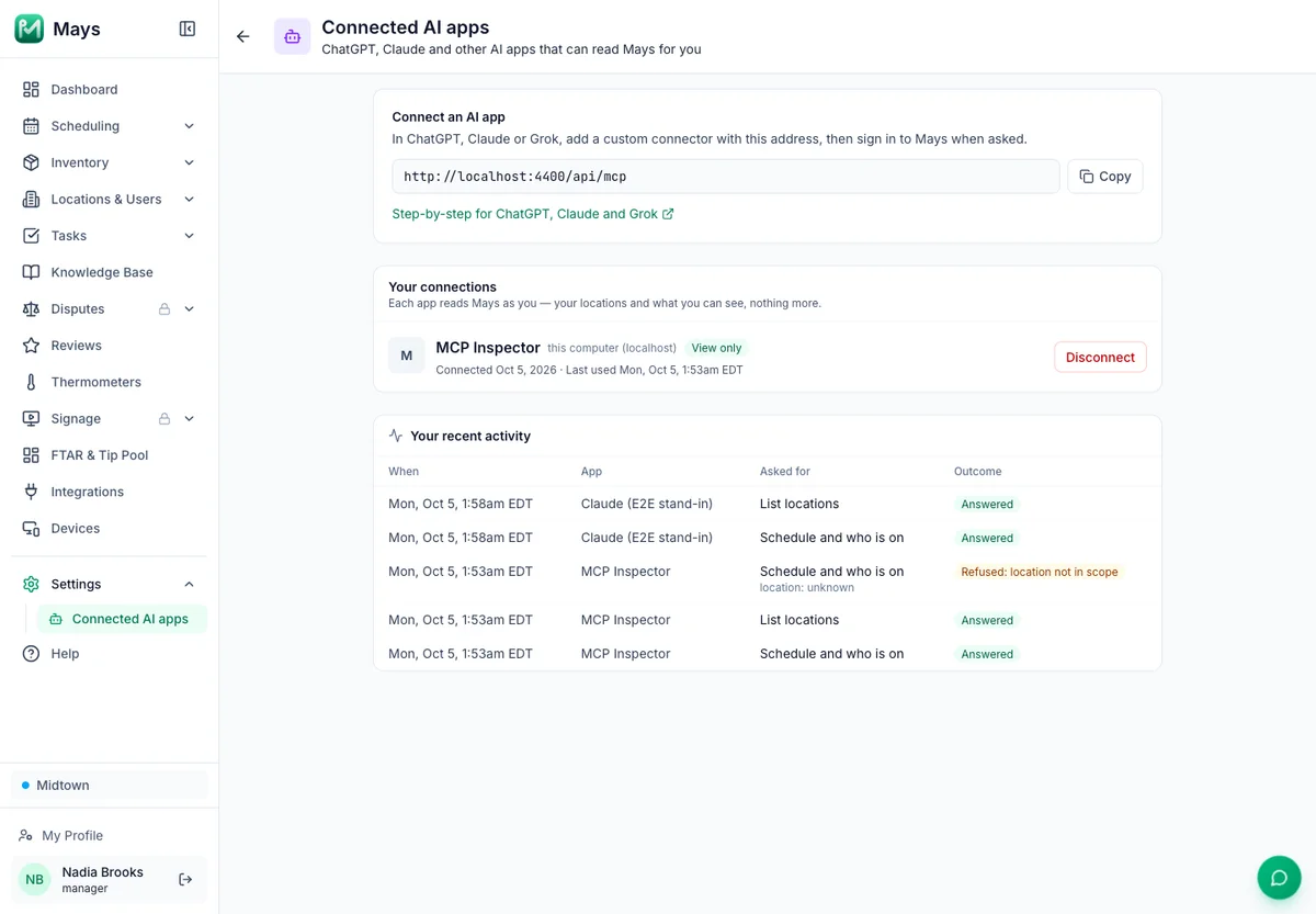 Settings → Connected AI apps in Mays: the Mays server address with a Copy button, your connections with what each may do and a Disconnect button, and your recent activity with each question, the app and the outcome